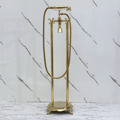 Unlacquered Brass Freestanding Bathtub Faucet, Solid Brass Clawfoot Tub Filler with Handheld Shower Head, Diverter and Cross Handles