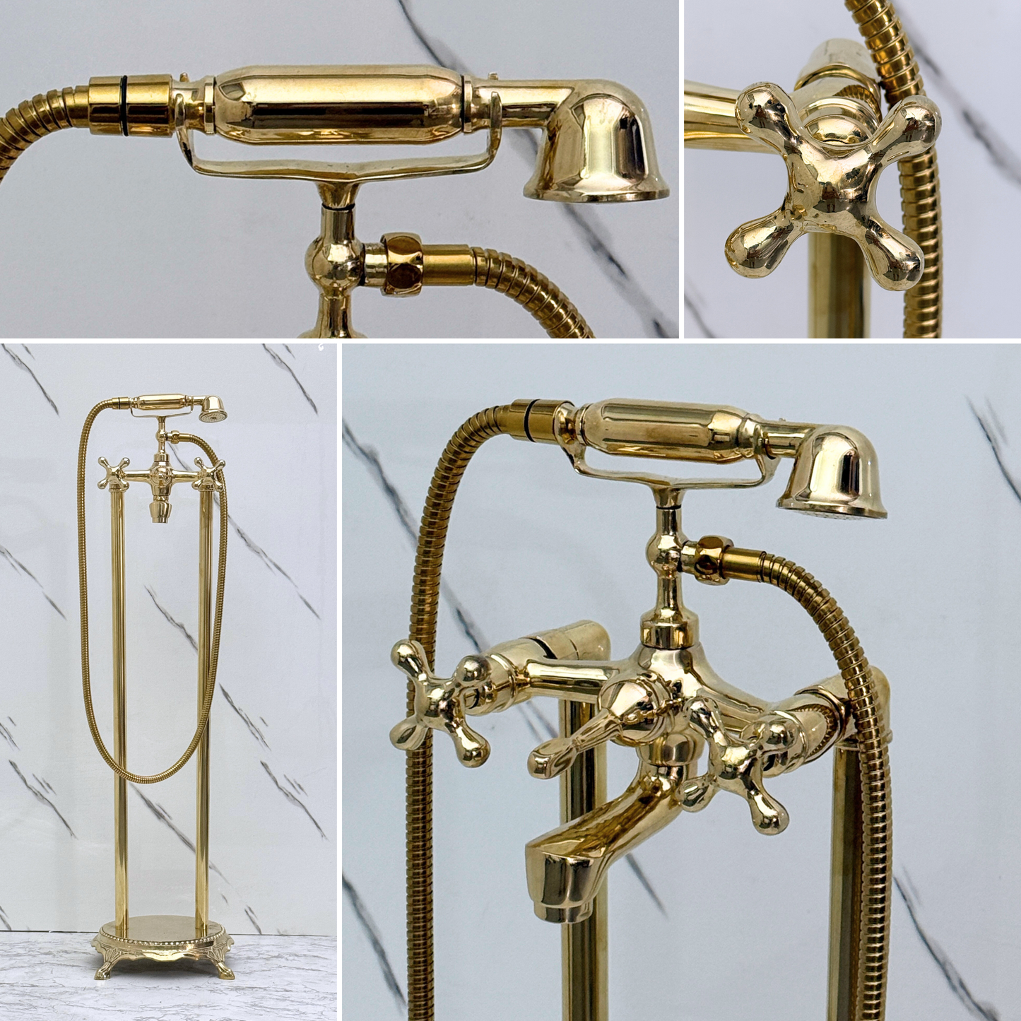 Unlacquered Brass Freestanding Bathtub Faucet, Solid Brass Clawfoot Tub Filler with Handheld Shower Head and Cross Handles