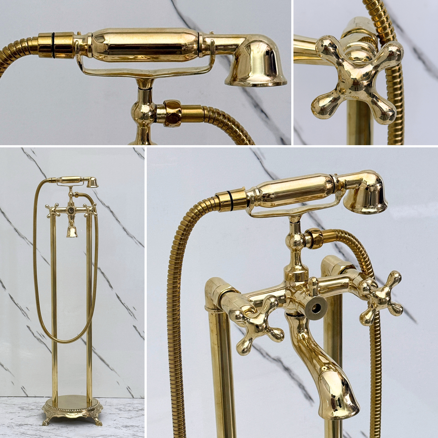 Unlacquered Brass Freestanding Bathtub Faucet, Solid Brass Clawfoot Tub Filler with Handheld Shower Head, Diverter and Cross Handles