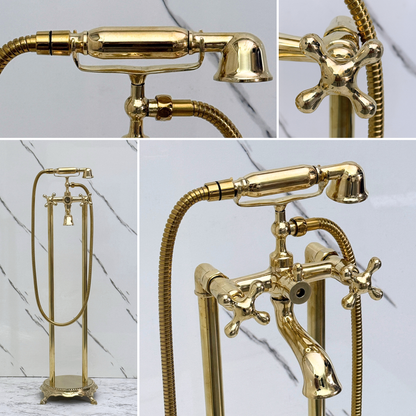 Unlacquered Brass Freestanding Bathtub Faucet, Solid Brass Clawfoot Tub Filler with Handheld Shower Head, Diverter and Cross Handles
