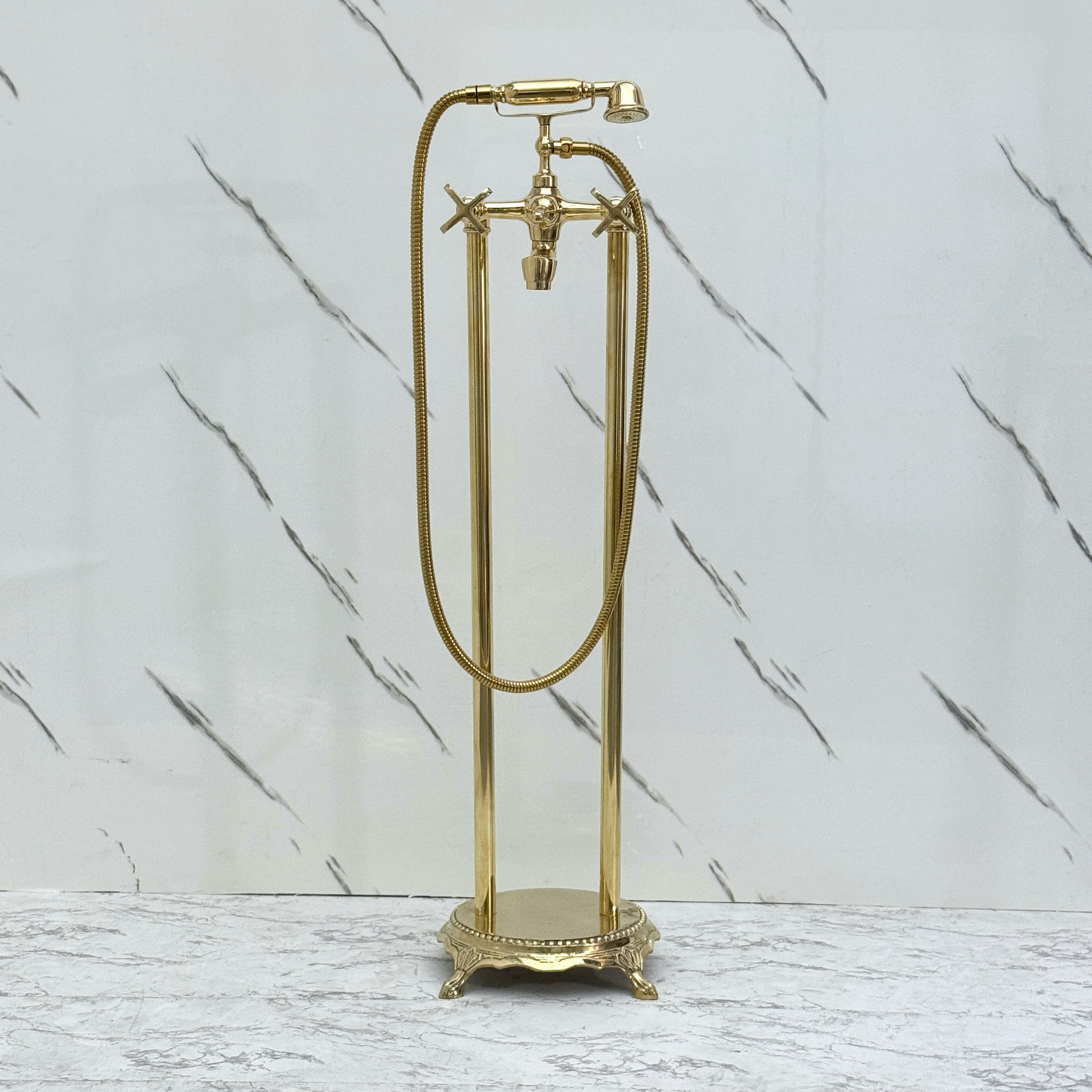 Unlacquered Brass Freestanding Bathtub Faucet, Solid Brass Clawfoot Tub Filler with Handheld Shower Head and Cross Handles