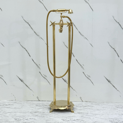 Unlacquered Brass Freestanding Bathtub Faucet, Solid Brass Clawfoot Tub Filler with Handheld Shower Head and Cross Handles