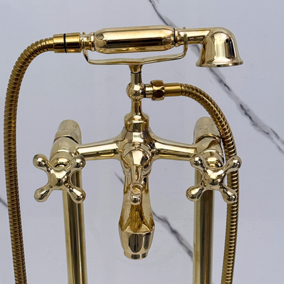 Unlacquered Brass Freestanding Bathtub Faucet, Solid Brass Clawfoot Tub Filler with Handheld Shower Head and Cross Handles