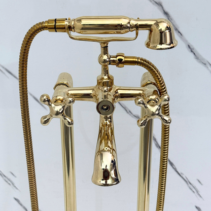 Unlacquered Brass Freestanding Bathtub Faucet, Solid Brass Clawfoot Tub Filler with Handheld Shower Head, Diverter and Cross Handles