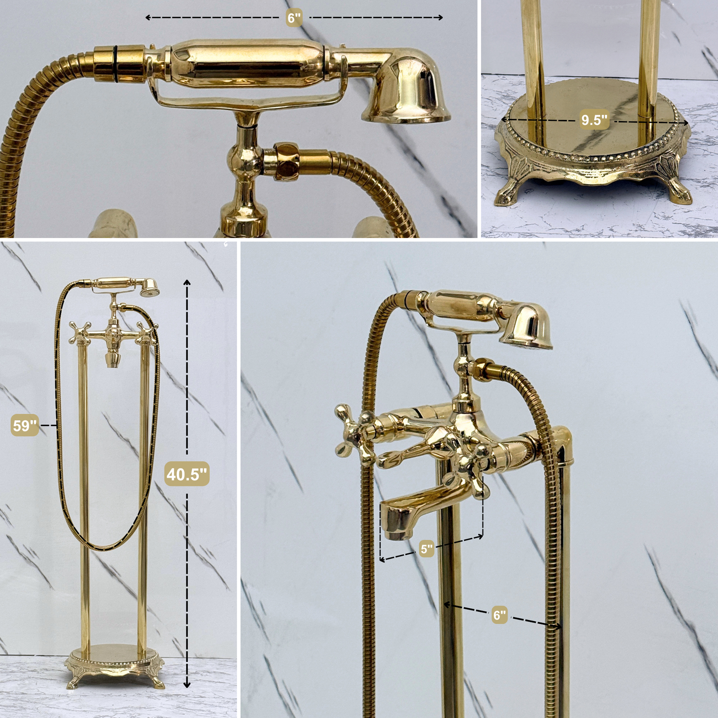 Unlacquered Brass Freestanding Bathtub Faucet, Solid Brass Clawfoot Tub Filler with Handheld Shower Head and Cross Handles