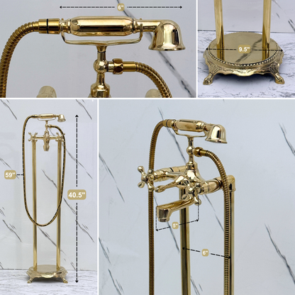 Unlacquered Brass Freestanding Bathtub Faucet, Solid Brass Clawfoot Tub Filler with Handheld Shower Head and Cross Handles