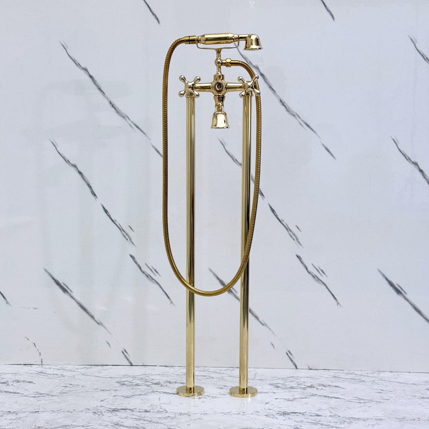 Unlacquered Brass Freestanding Bathtub Faucet, Solid Brass Tub Filler with Handheld Shower Head, Diverter and Cross Handles