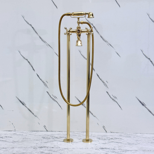 Unlacquered Brass Freestanding Bathtub Faucet, Solid Brass Tub Filler with Handheld Shower Head, Diverter and Cross Handles