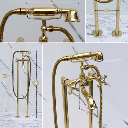 Unlacquered Brass Freestanding Bathtub Faucet, Solid Brass Tub Filler with Handheld Shower Head, Diverter and Cross Handles