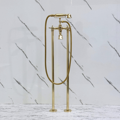 Unlacquered Brass Freestanding Bathtub Faucet, Solid Brass Tub Filler with Handheld Shower Head, Diverter and Cross Handles