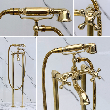 Unlacquered Brass Freestanding Bathtub Faucet, Solid Brass Tub Filler with Handheld Shower Head, Diverter and Cross Handles