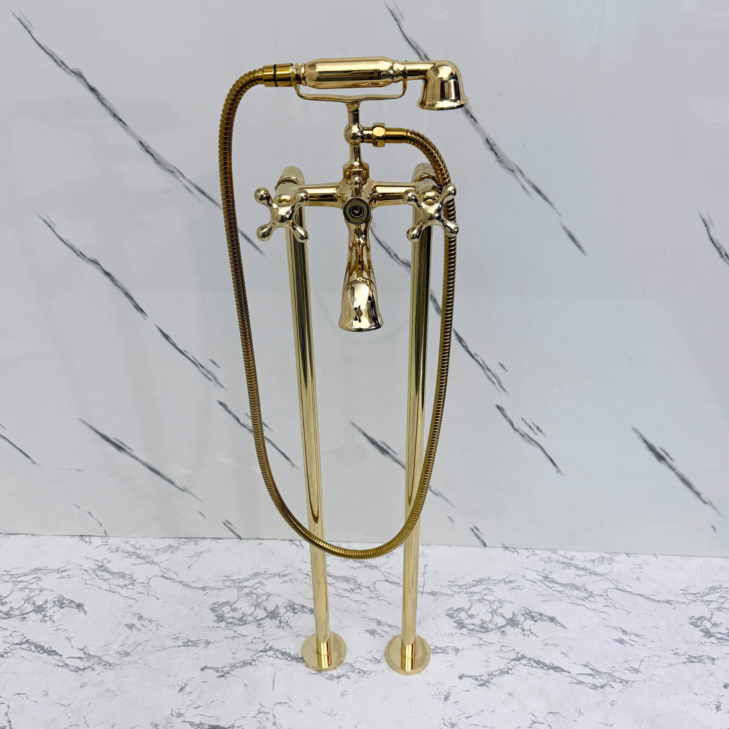Unlacquered Brass Freestanding Bathtub Faucet, Solid Brass Tub Filler with Handheld Shower Head, Diverter and Cross Handles