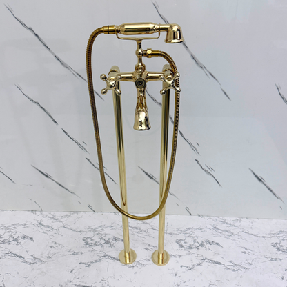 Unlacquered Brass Freestanding Bathtub Faucet, Solid Brass Tub Filler with Handheld Shower Head, Diverter and Cross Handles