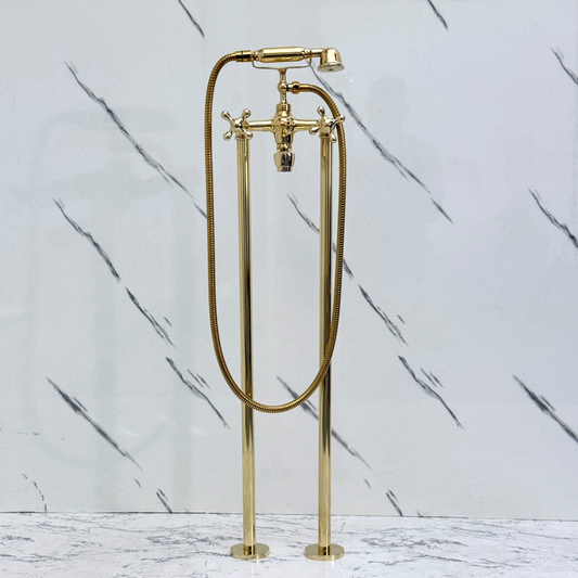 Unlacquered Brass Freestanding Bathtub Faucet, Solid Brass Tub Filler with Handheld Shower Head and Cross Handles