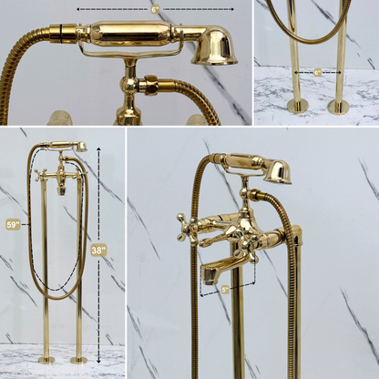 Unlacquered Brass Freestanding Bathtub Faucet, Solid Brass Tub Filler with Handheld Shower Head and Cross Handles