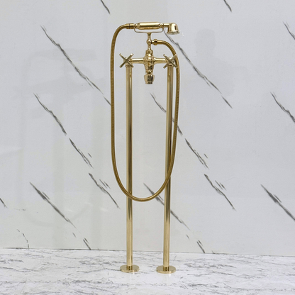 Unlacquered Brass Freestanding Bathtub Faucet, Solid Brass Tub Filler with Handheld Shower Head and Cross Handles