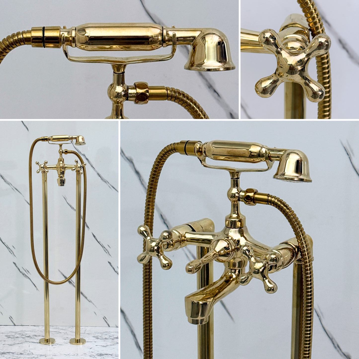Unlacquered Brass Freestanding Bathtub Faucet, Solid Brass Tub Filler with Handheld Shower Head and Cross Handles