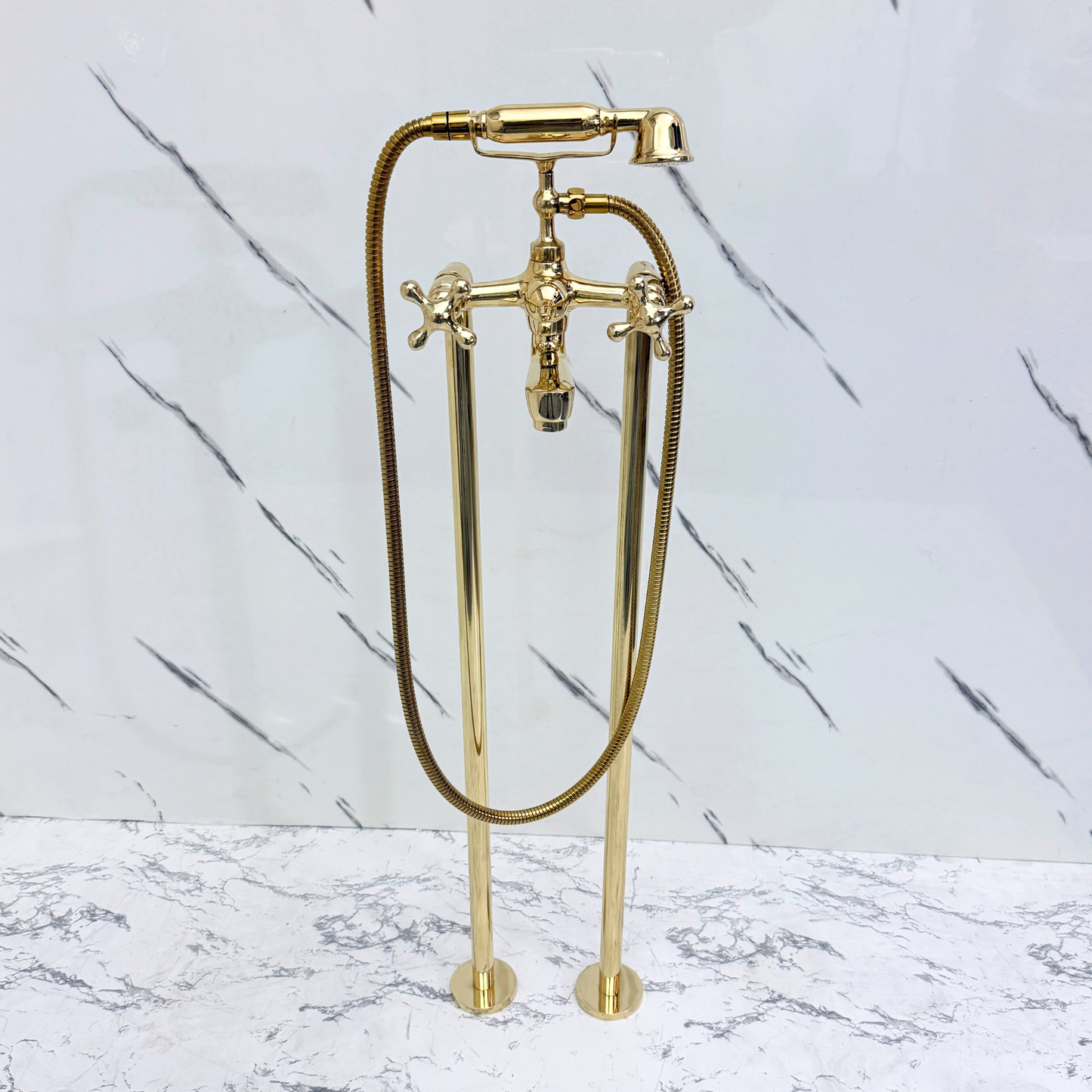 Unlacquered Brass Freestanding Bathtub Faucet, Solid Brass Tub Filler with Handheld Shower Head and Cross Handles