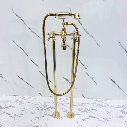 Unlacquered Brass Freestanding Bathtub Faucet, Solid Brass Tub Filler with Handheld Shower Head and Cross Handles