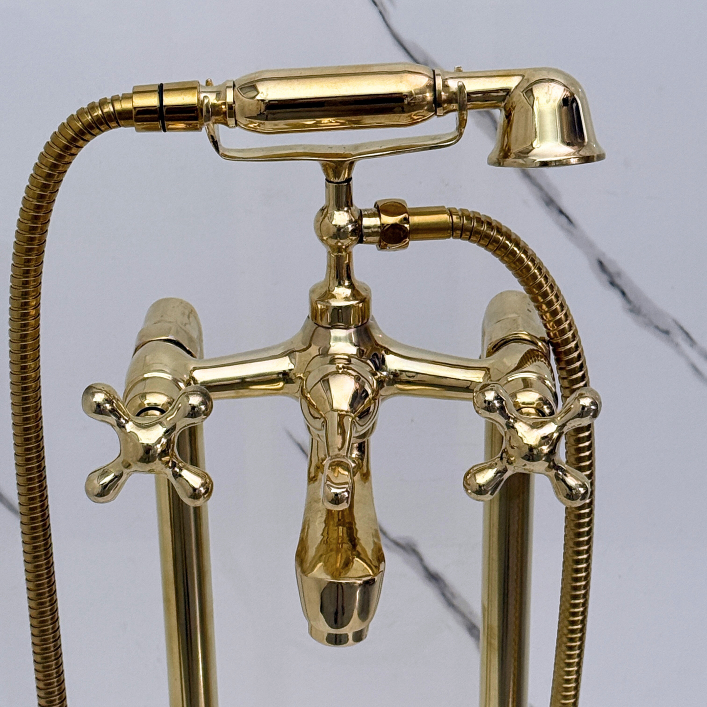 Unlacquered Brass Freestanding Bathtub Faucet, Solid Brass Tub Filler with Handheld Shower Head and Cross Handles