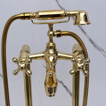 Unlacquered Brass Freestanding Bathtub Faucet, Solid Brass Tub Filler with Handheld Shower Head and Cross Handles