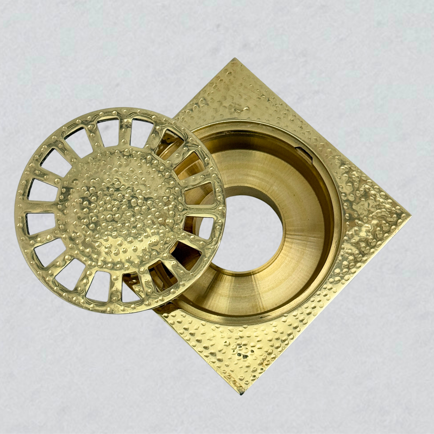 Unlacquered Brass Hammered Shower Drain with Removable Cover, Solid Brass Square Shower Drain