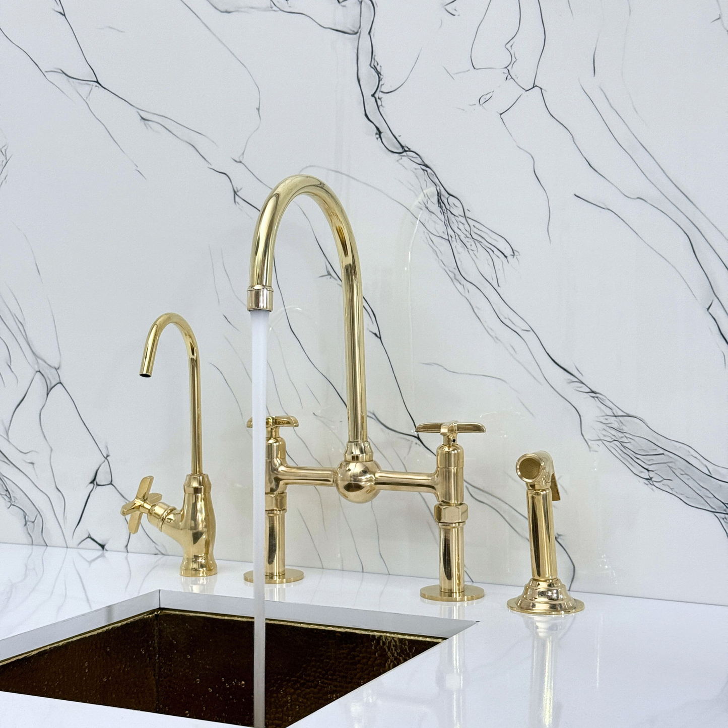 Unlacquered Brass Kitchen Bridge Faucet with Ball Center, Sprayer, Cold Water Faucet, Straight Legs and Cross Handles