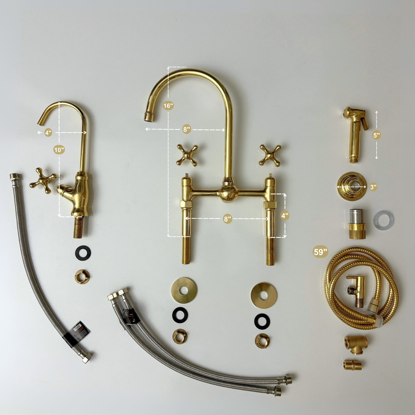 Unlacquered Brass Kitchen Bridge Faucet with Ball Center, Sprayer, Cold Water Faucet, Straight Legs and Cross Handles