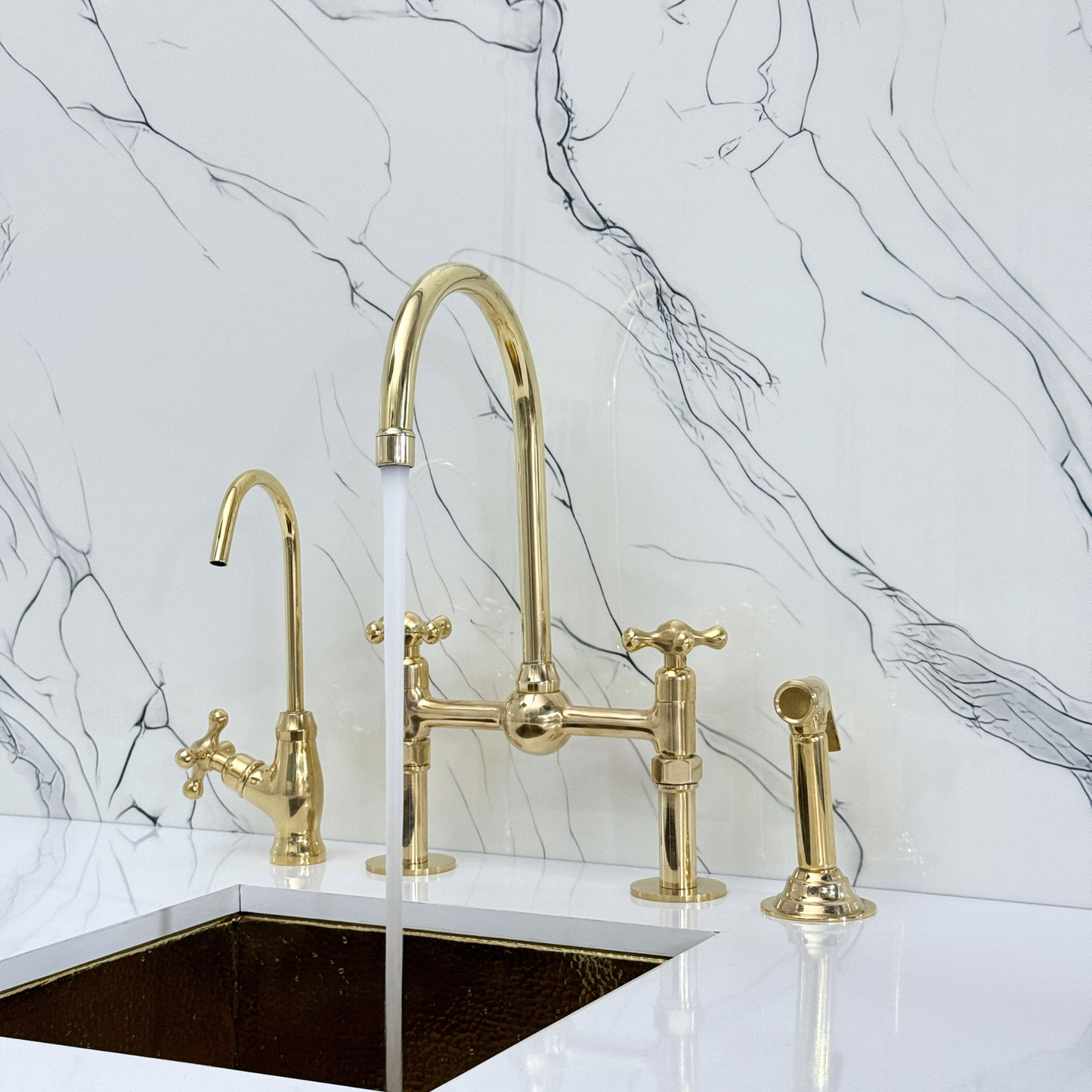 Unlacquered Brass Kitchen Bridge Faucet with Ball Center, Sprayer, Cold Water Faucet, Straight Legs and Cross Handles