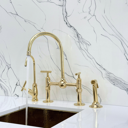 Unlacquered Brass Kitchen Bridge Faucet with Ball Center, Sprayer, Cold Water Faucet, Straight Legs and Lever Handles