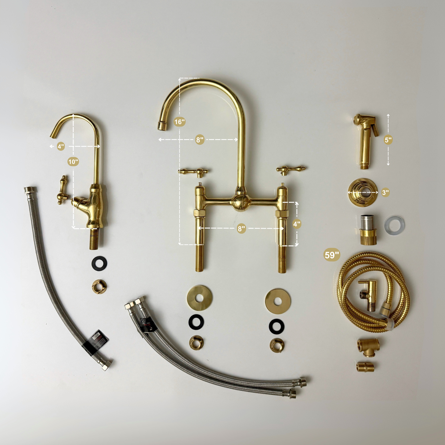 Unlacquered Brass Kitchen Bridge Faucet with Ball Center, Sprayer, Cold Water Faucet, Straight Legs and Lever Handles
