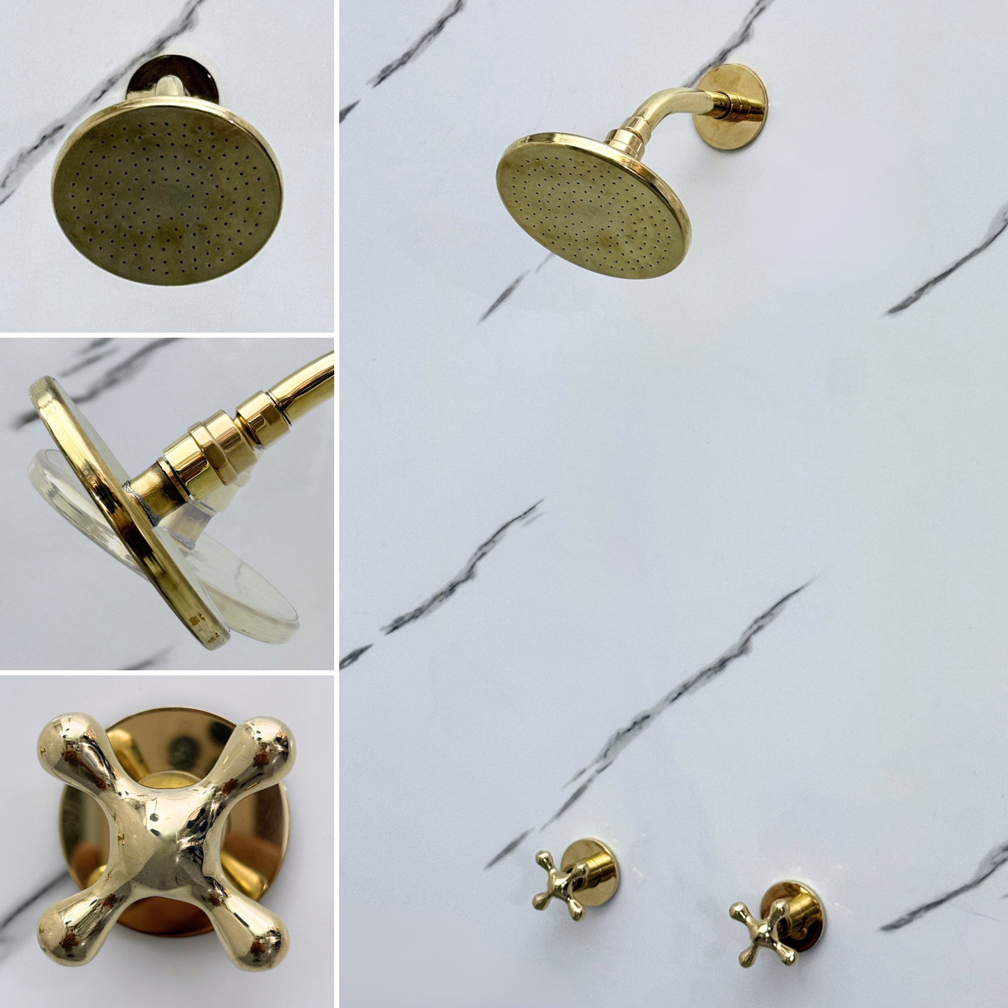 Unlacquered Brass Shower System with Flat Round Rain Adjustable Shower Head, Short Arm and Cross Handles