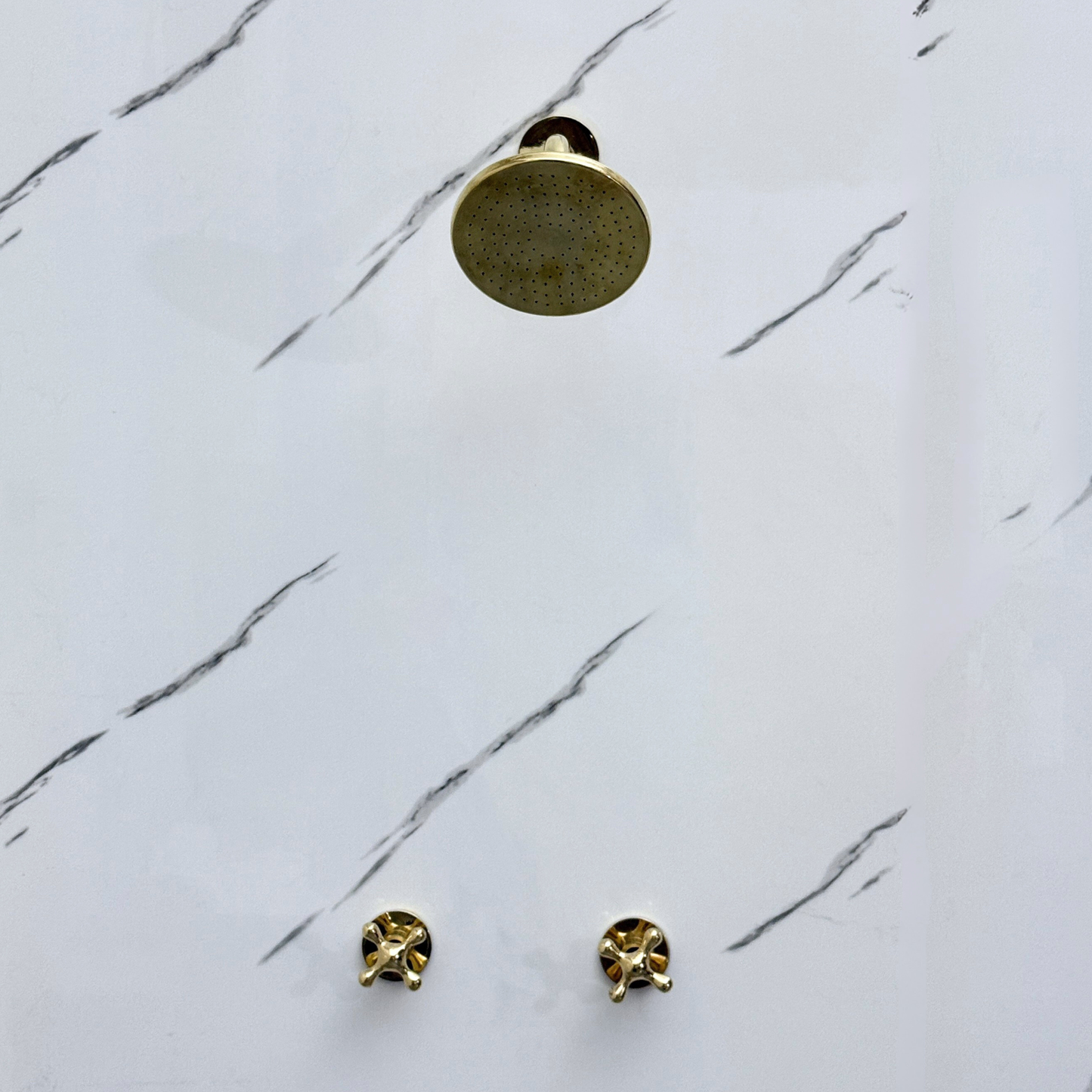 Unlacquered Brass Shower System with Flat Round Rain Adjustable Shower Head, Short Arm and Cross Handles