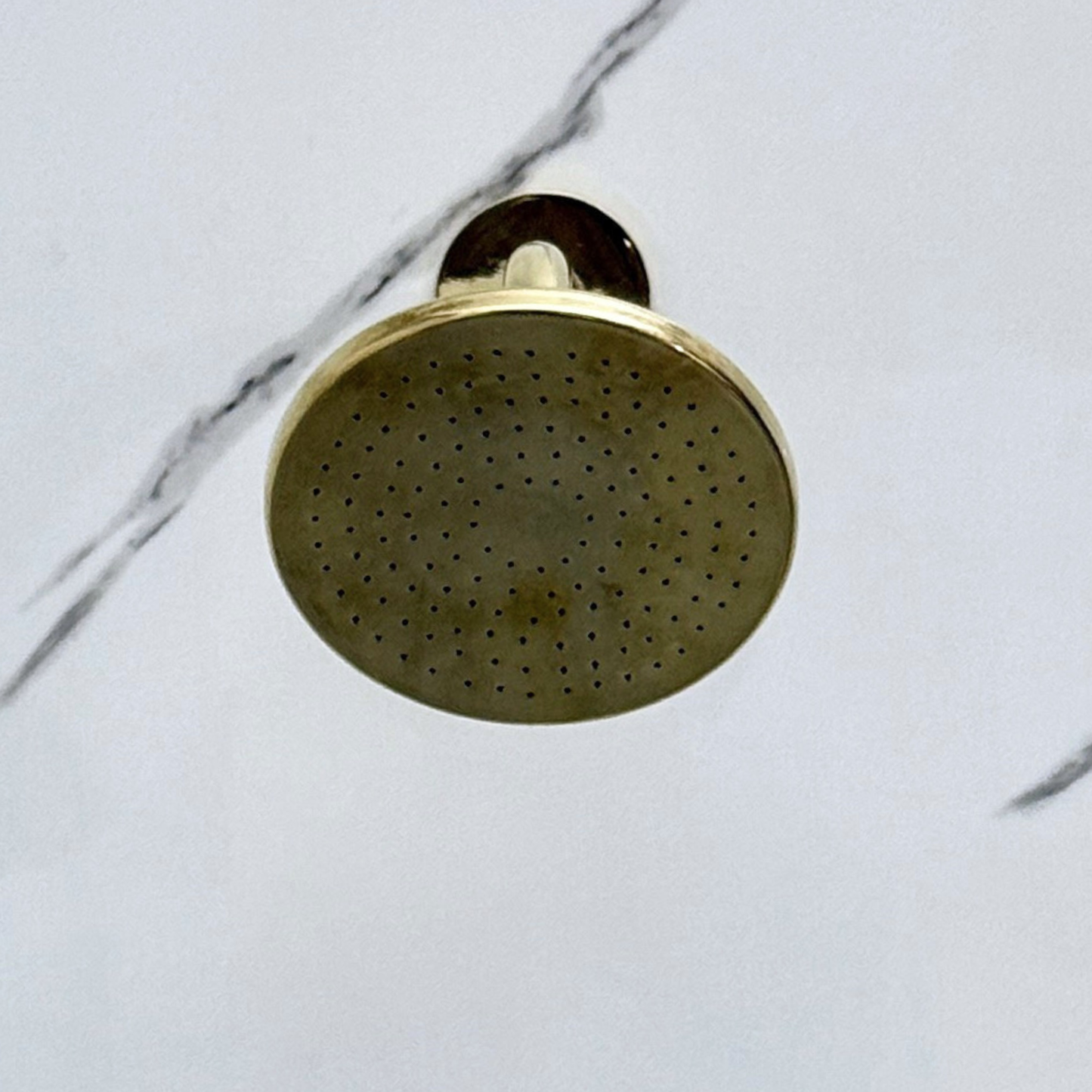 Unlacquered Brass Shower System with Flat Round Rain Adjustable Shower Head, Short Arm and Cross Handles