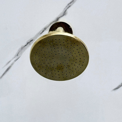 Unlacquered Brass Shower System with Flat Round Rain Adjustable Shower Head, Short Arm and Cross Handles