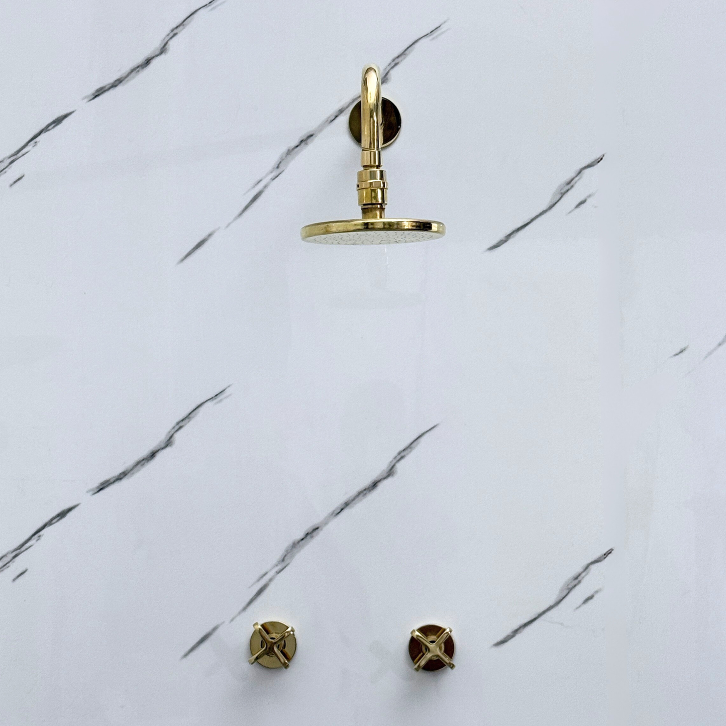 Unlacquered Brass Shower System with Adjustable Flat Round Rain Shower Head, Straight Arm and Cross Handles