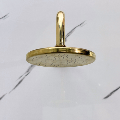 Unlacquered Brass Shower System with Adjustable Flat Round Rain Shower Head, Straight Arm and Cross Handles