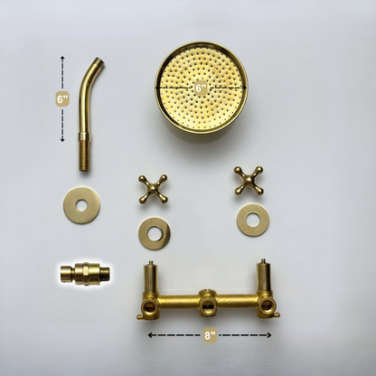 Unlacquered Brass Shower System with Round Rain Adjustable Shower Head, Short Arm and Cross Handles