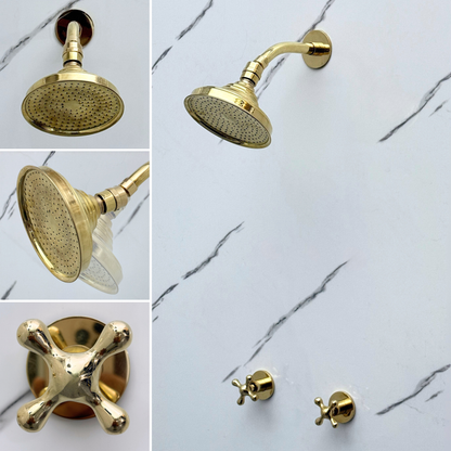 Unlacquered Brass Shower System with Round Rain Adjustable Shower Head, Short Arm and Cross Handles