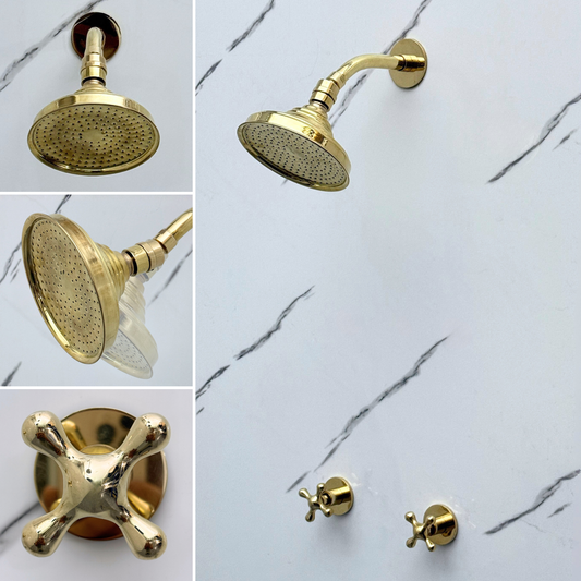 Unlacquered Brass Shower System with Round Rain Adjustable Shower Head, Short Arm and Cross Handles