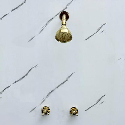 Unlacquered Brass Shower System with Adjustable Round Rain Shower Head, Short Arm and Cross Handles