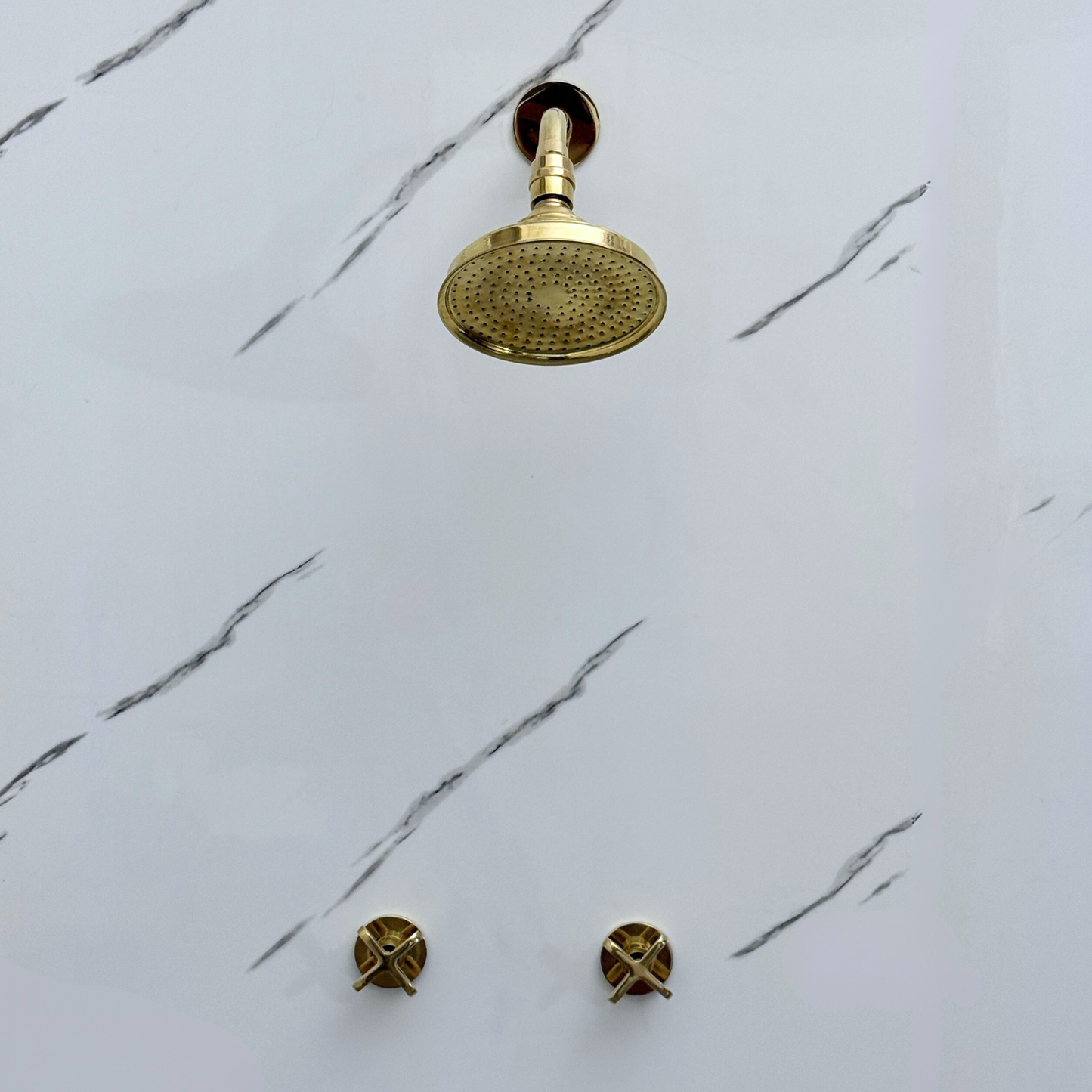 Unlacquered Brass Shower System with Round Rain Adjustable Shower Head, Short Arm and Cross Handles