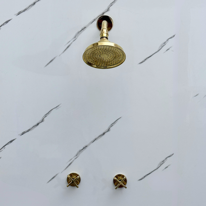 Unlacquered Brass Shower System with Round Rain Adjustable Shower Head, Short Arm and Cross Handles