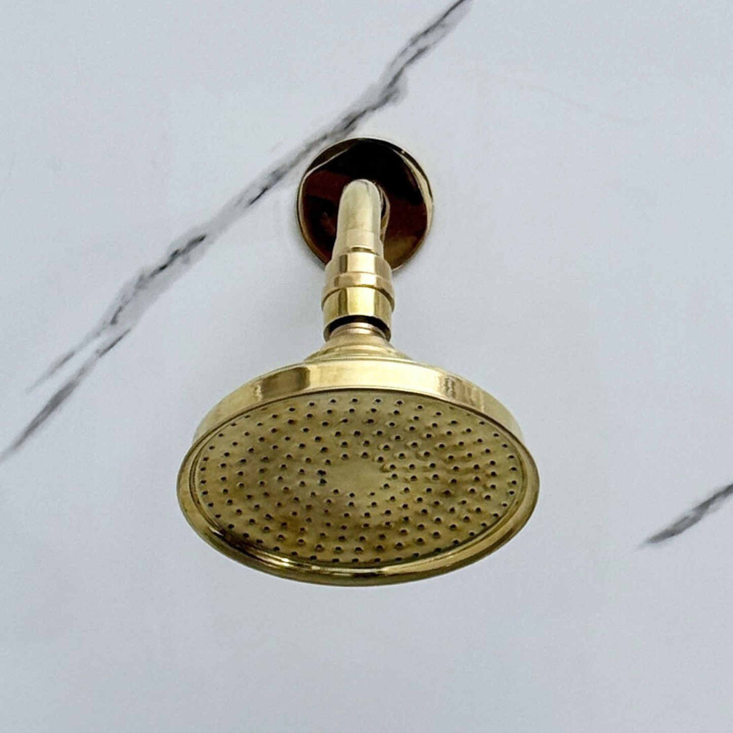 Unlacquered Brass Shower System with Round Rain Adjustable Shower Head, Short Arm and Cross Handles