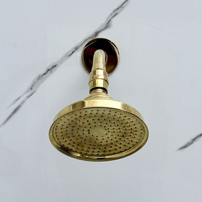 Unlacquered Brass Shower System with Round Rain Adjustable Shower Head, Short Arm and Cross Handles