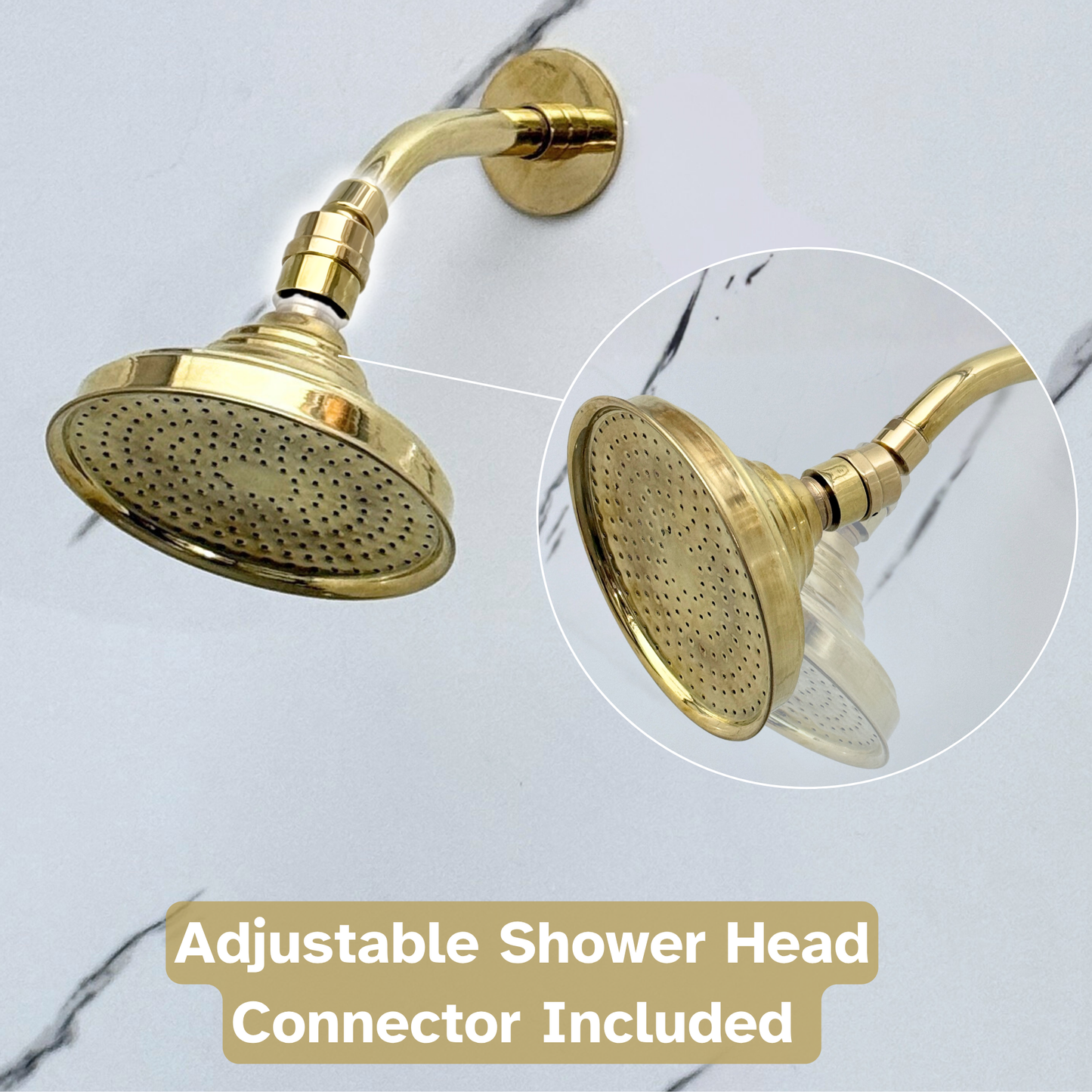 Unlacquered Brass Shower System with Round Rain Adjustable Shower Head, Short Arm and Cross Handles