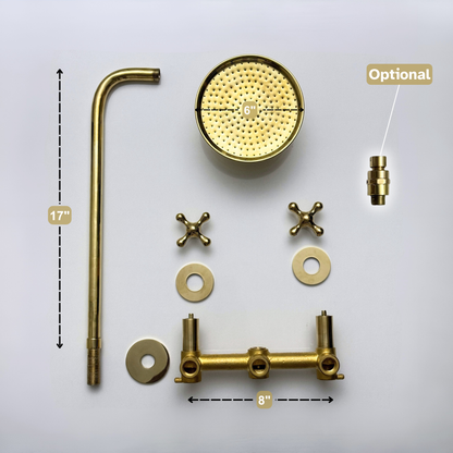 Unlacquered Brass Shower System with Adjustable Round Rain Shower Head, Cross Handles and Straight Arm