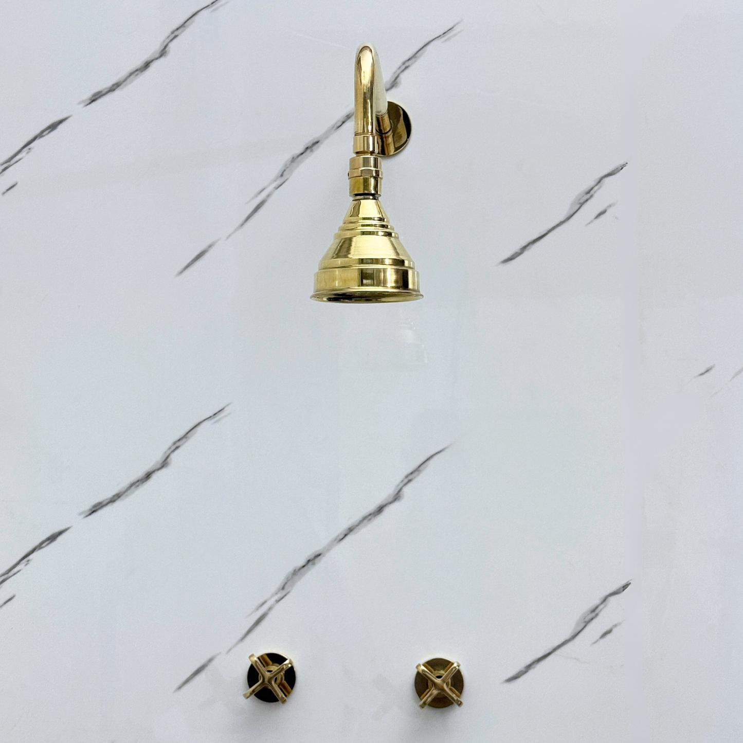 Unlacquered Brass Shower System with Adjustable Round Rain Shower Head, Straight Arm and Cross Handles