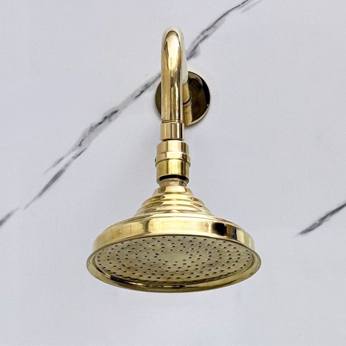 Unlacquered Brass Shower System with Adjustable Round Rain Shower Head, Cross Handles and Straight Arm