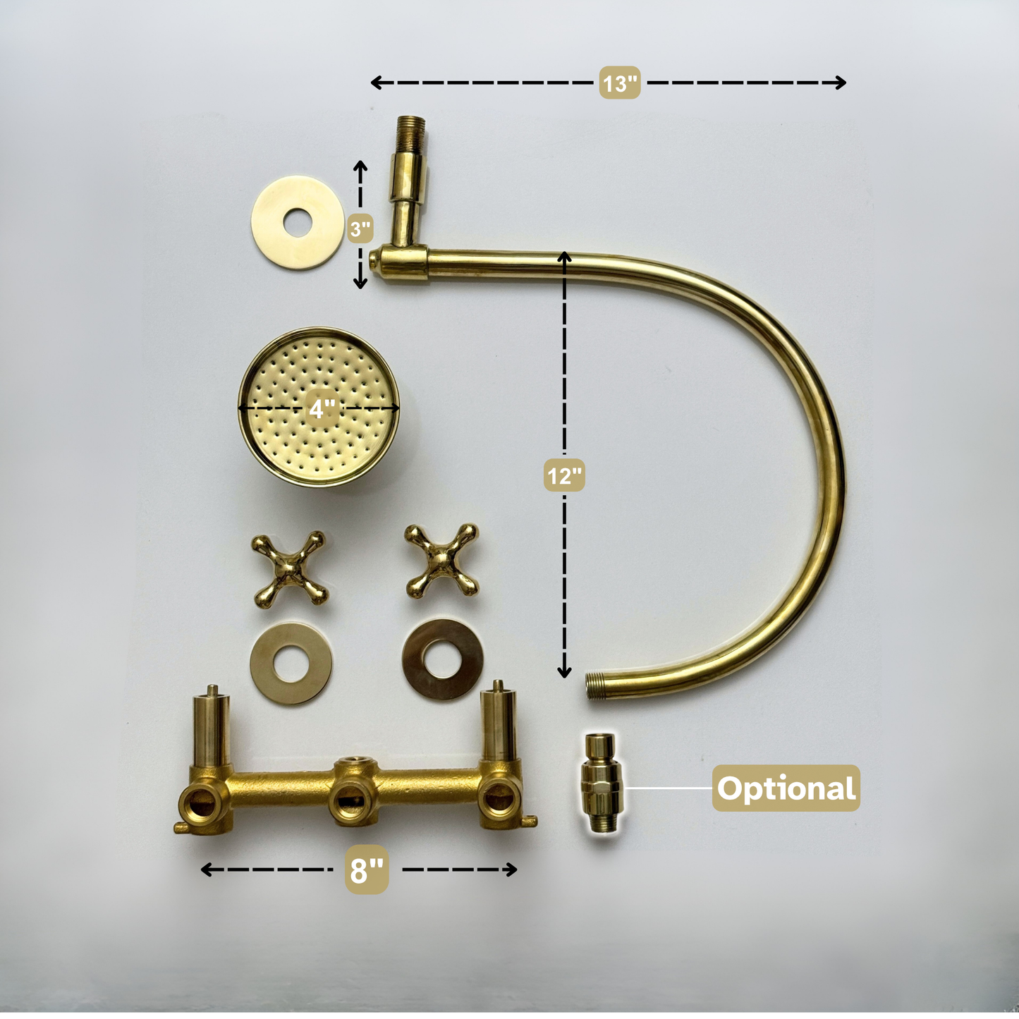 Unlacquered Brass Shower System with Adjustable Round Rain Shower Head, Arcuate Arm and Cross Handles